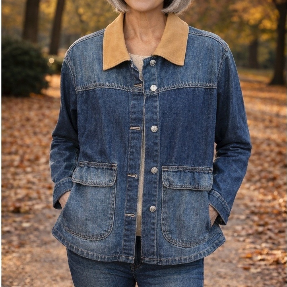 Denim Barn Jacket Medium Wash Chore Barn Pockets Field Coat Tan Collar Jacket